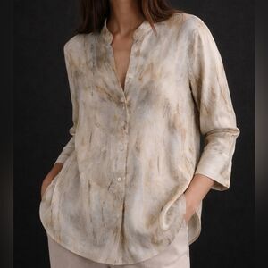 Zara Marble Print Blouse Size S Neutral Satin Button Front Minimalist Chic